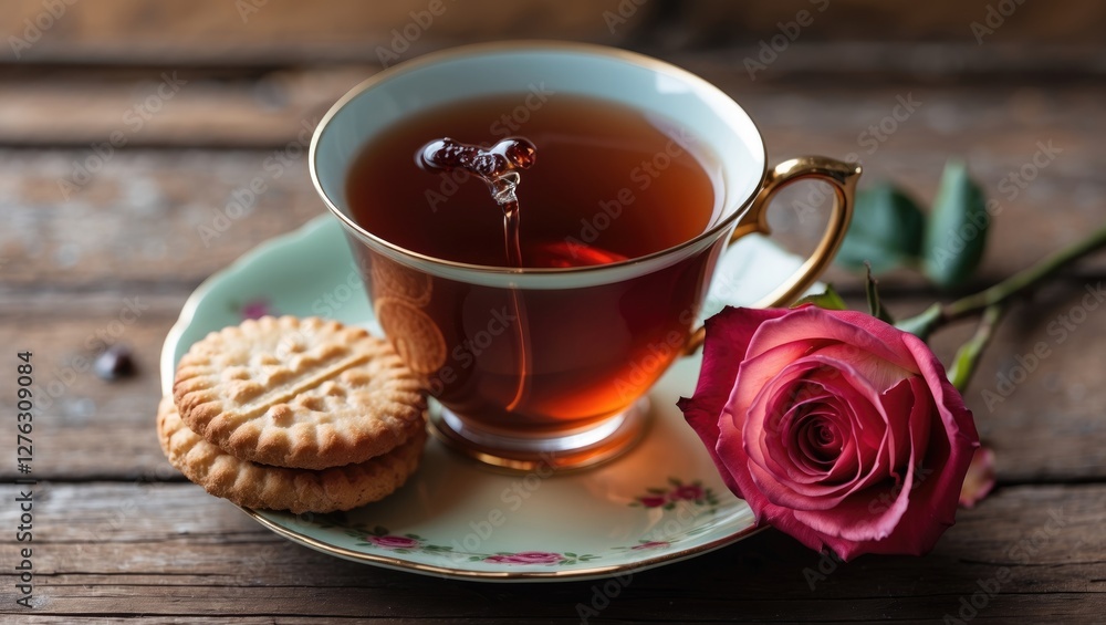 Tea cup with biscuits and a rose on a wooden table natural light composition Tea cup with biscuits and a rose on a wooden table natural light composition