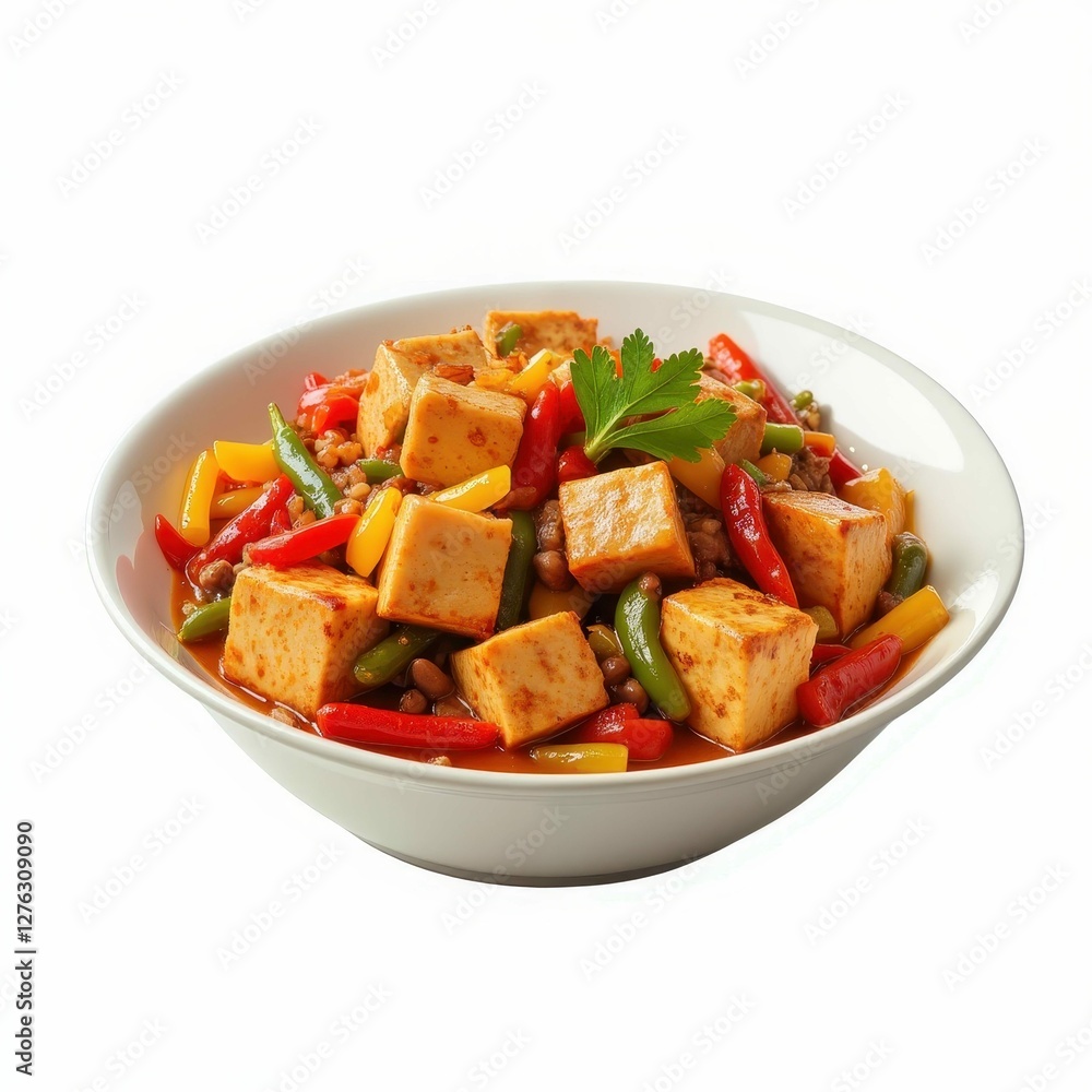 Colorful Mapo Tofu Dish with Peppers and Garnishes Served in a White Bowl Close Up Food Photo Colorful Mapo Tofu Dish with Peppers and Garnishes Served in a White Bowl Close Up Food Photo