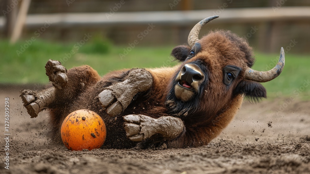 A bison playing with a ball like a puppy, rolling around in the dirt, showing off its playful side in a funny way. A bison playing with a ball like a puppy, rolling around in the dirt, showing off its playful side in a funny way.