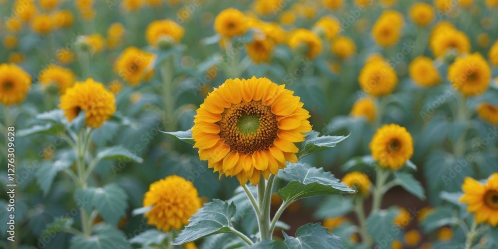 Field of blooming sunflowers with vibrant yellow petals surrounded by green foliage under natural lighting Field of blooming sunflowers with vibrant yellow petals surrounded by green foliage under natural lighting