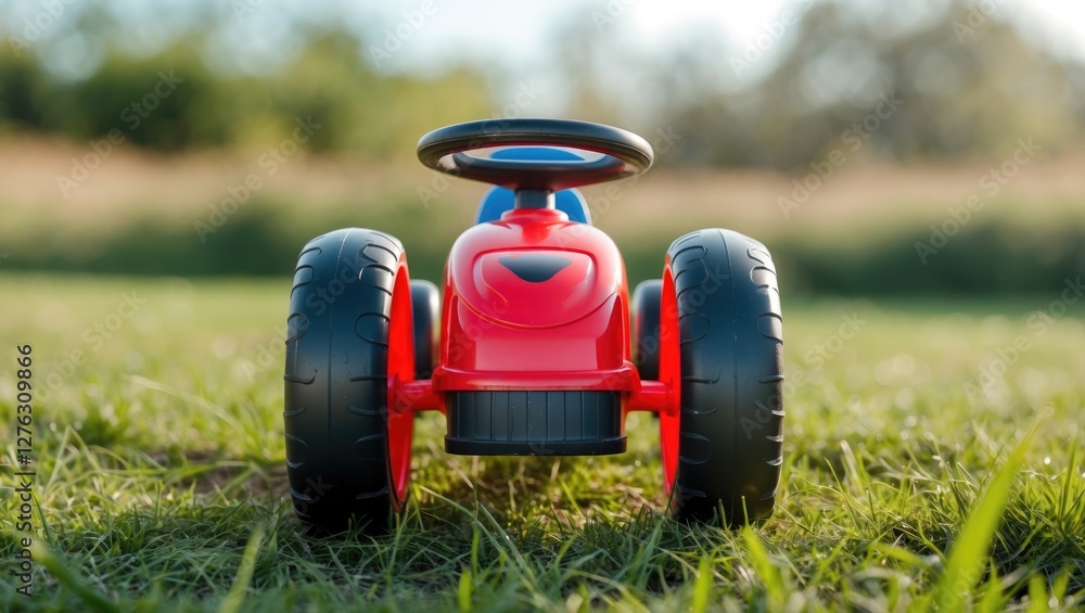 Fototapeta premium Red toy tractor with oversized black tires positioned on grassy field against natural background.