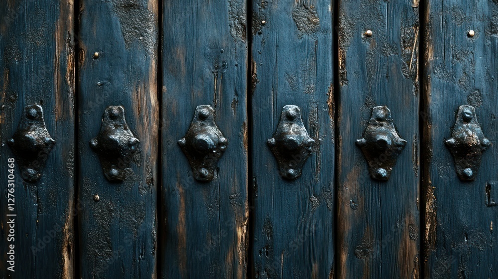 Aged dark wood door with ornate metal hardware Aged dark wood door with ornate metal hardware
