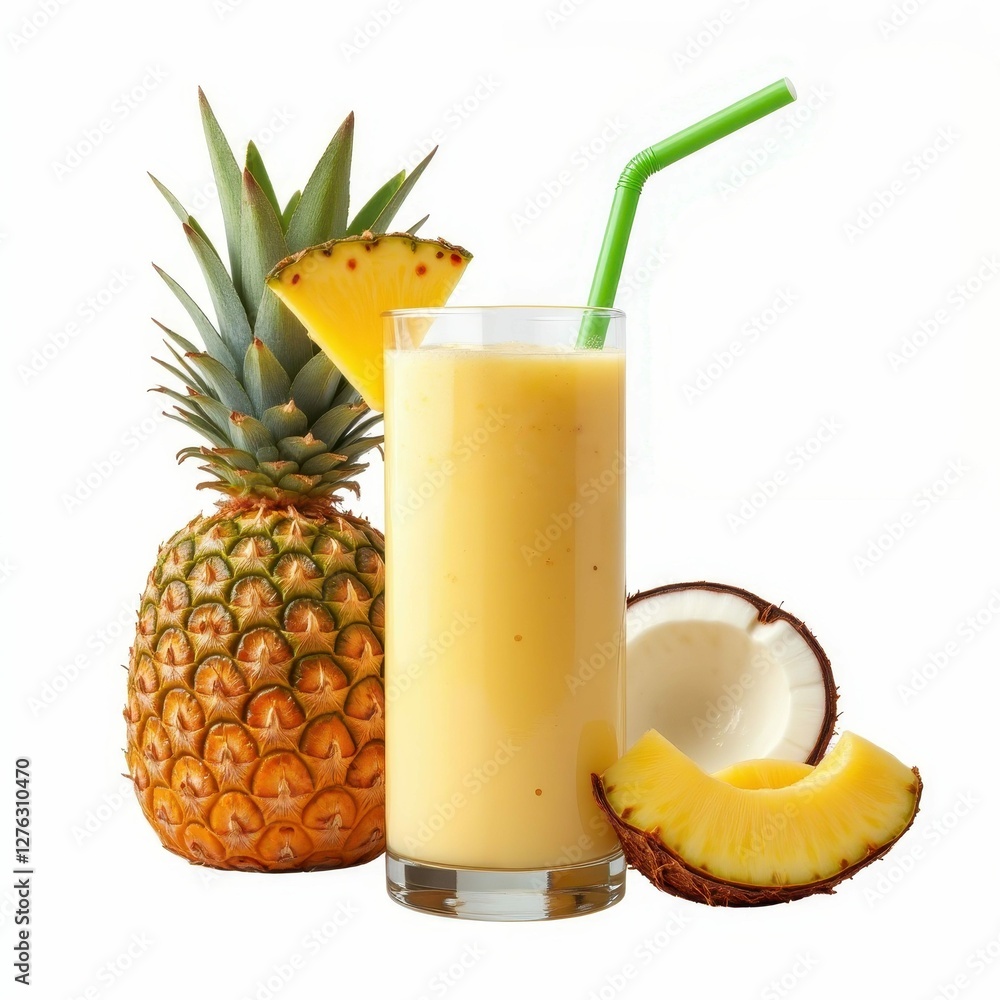 Refreshing Tropical Smoothie with Pineapple and Coconut Delightful Summer Beverage Close Up View Refreshing Tropical Smoothie with Pineapple and Coconut Delightful Summer Beverage Close Up View