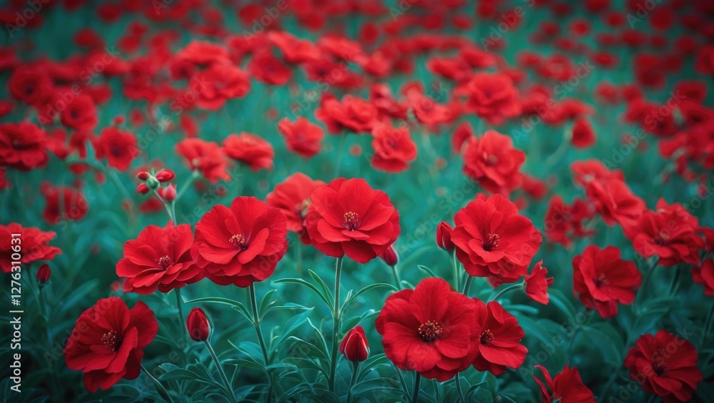 Fototapeta premium Vibrant red flowers in a lush green field with soft focus background creating a vivid floral landscape