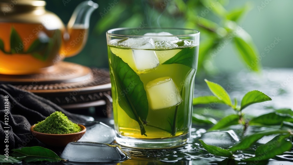 Fototapeta premium Green tea with ice cubes and fresh tea leaves in a glass on a table with a teapot and matcha powder in a natural setting