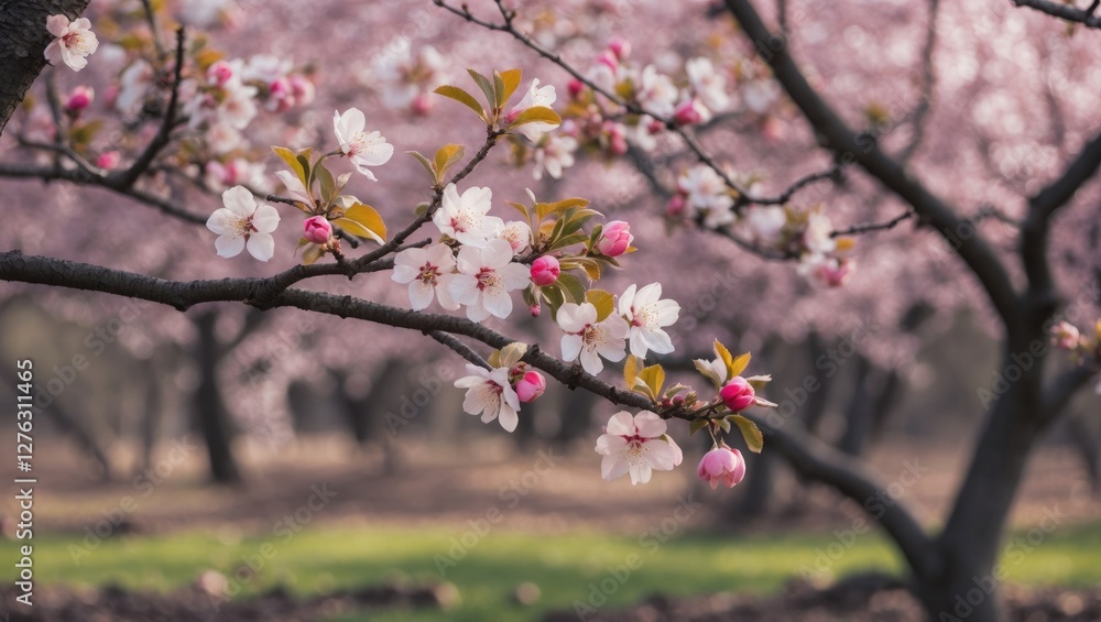 Cherry blossom branch with pink flowers and buds in a blurred orchard background during spring season Cherry blossom branch with pink flowers and buds in a blurred orchard background during spring season