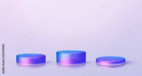 3d iridescent hologram disk, coin, podium, pedestal. Render figure with purple, pink, blue colors. Vector illustration isolated on white for design projects, product display, presentation, adv