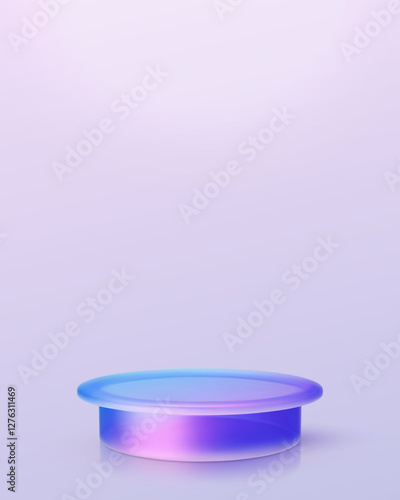 3d iridescent hologram disk, coin, podium, pedestal. Render figure with purple, pink, blue colors. Vector illustration isolated on white for design projects, product display, presentation, adv