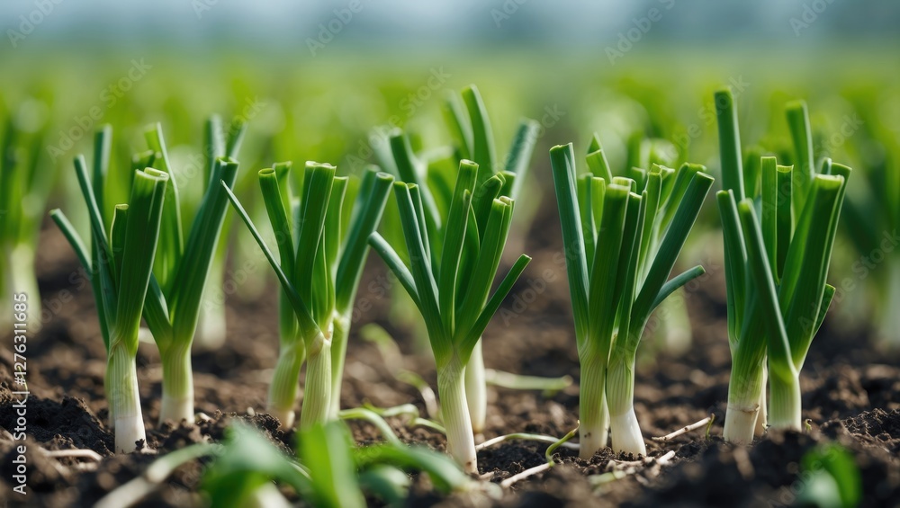 Fototapeta premium Green onion plant rows growing in rich soil under natural sunlight on agricultural field