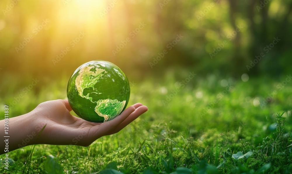 A hand holding a green globe in a lush green field A hand holding a green globe in a lush green field