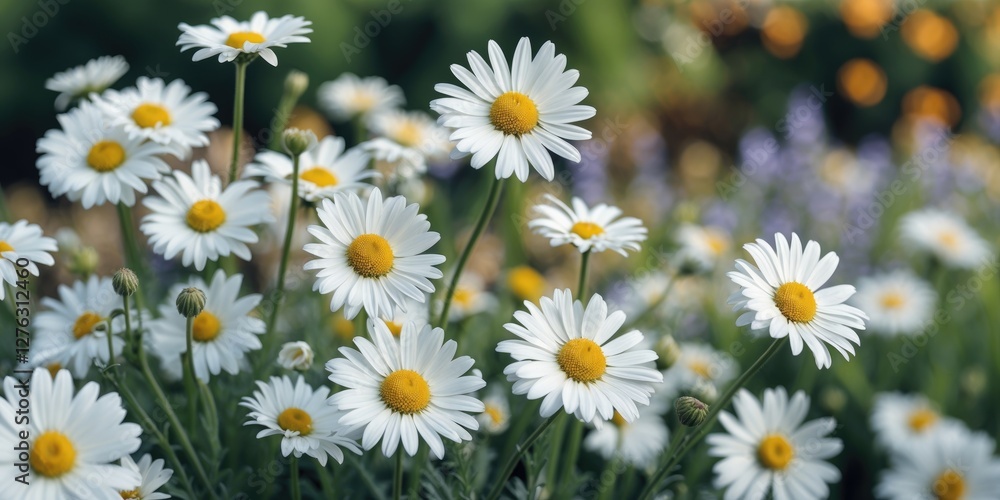 Field of white daisies with yellow centers blooming in a lush garden setting during daylight hours.