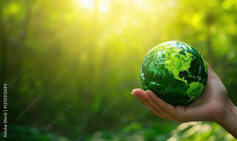 A hand holding a green globe with the continents of the world on it A hand holding a green globe with the continents of the world on it