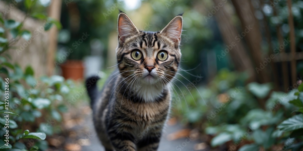 Tabby cat walking through a lush green garden path with a curious expression and large eyes focused on the camera.