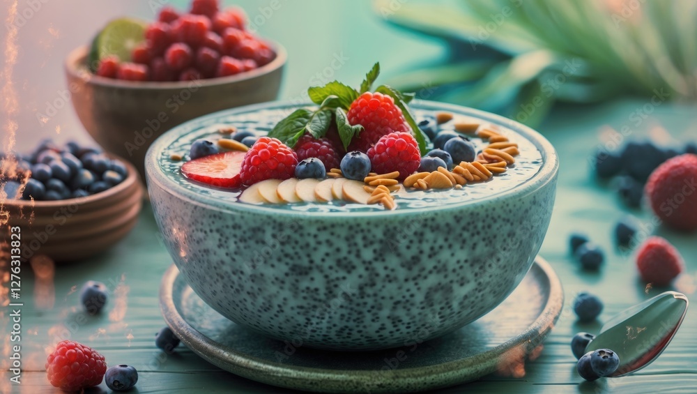 Colorful smoothie bowl topped with fresh berries, banana slices, and crunchy granola served on a rustic wooden table with additional fruit. Colorful smoothie bowl topped with fresh berries, banana slices, and crunchy granola served on a rustic wooden table with additional fruit.