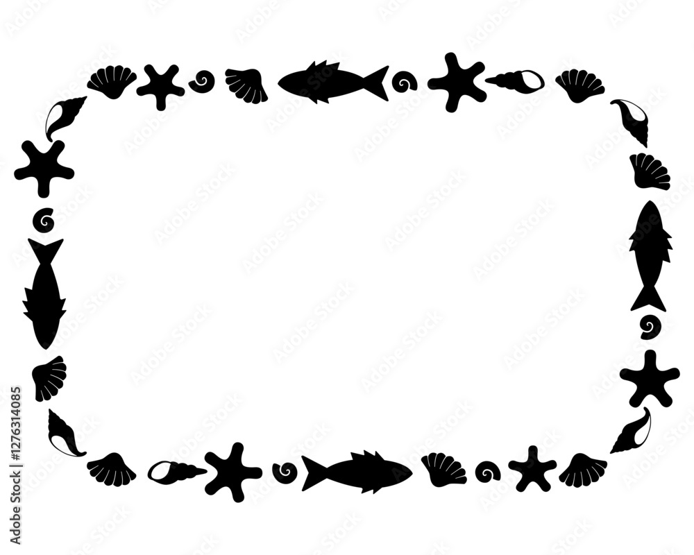 Fototapeta premium Marine silhouette horizontal frame of fish, shells and other underwater animals. Frame for the design of text or drawings in a marine style. 