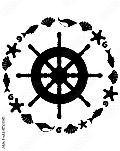 Steering wheel in a round frame - vector template for printing or cutting. Steering wheel composition on a nautical theme	