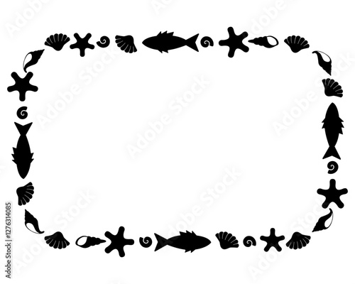 Marine silhouette horizontal frame of fish, shells and other underwater animals. Frame for the design of text or drawings in a marine style.	