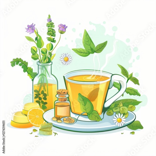 A white cup with a green plant in it is on a white plate