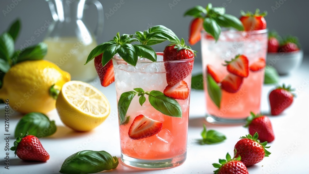 Refreshing strawberry basil lemonades in glasses with ice, fresh strawberries, and basil leaves on a light background. Refreshing strawberry basil lemonades in glasses with ice, fresh strawberries, and basil leaves on a light background.