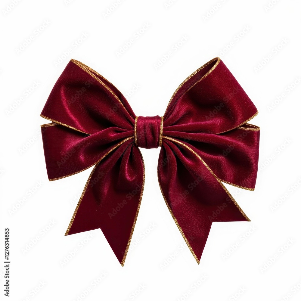 Fototapeta premium Elegant Burgundy Velvet Bow with Golden Trim Decoration for Holiday Festive Celebrations