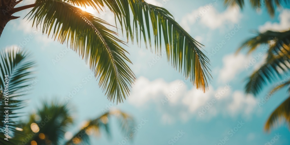 Close-up of palm tree leaves against bright blue sky with scattered clouds and sunlight filtering through foliage Close-up of palm tree leaves against bright blue sky with scattered clouds and sunlight filtering through foliage