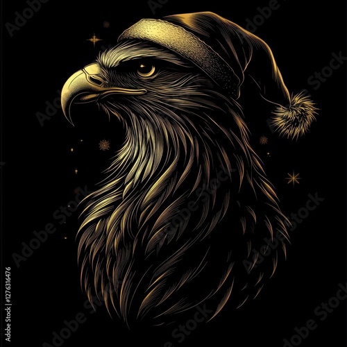 Festive Golden Eagle Portrait Wearing a Christmas Hat on Dark Background Striking Graphic