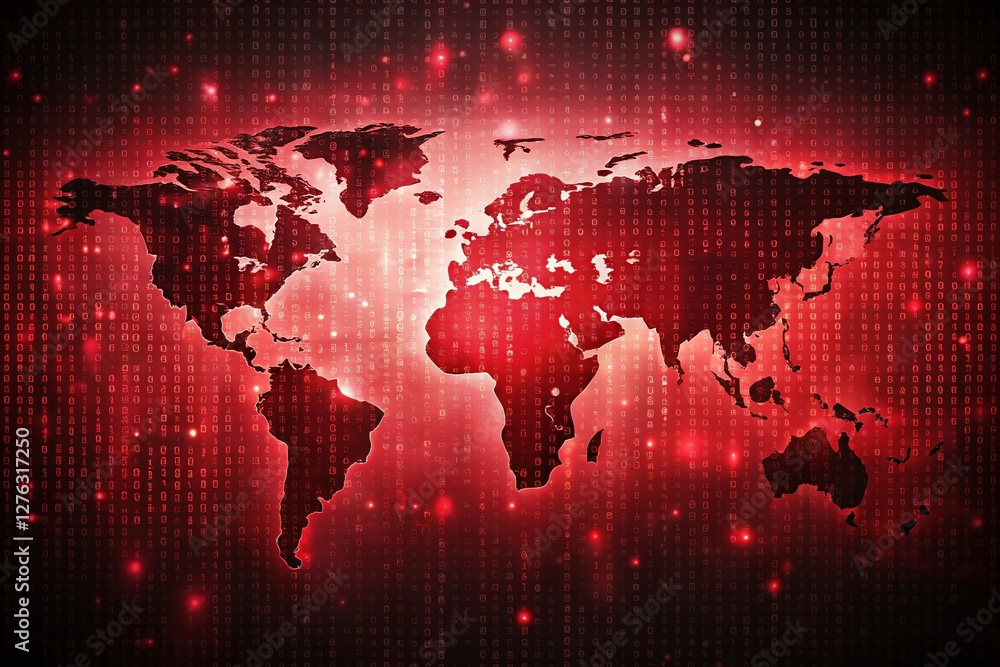 Obraz premium Red Binary Code World Map Night Photography Wallpaper