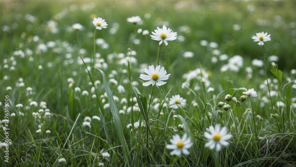 Field of white daisies in a lush green grass setting during daylight with soft focus on foreground flowers Field of white daisies in a lush green grass setting during daylight with soft focus on foreground flowers