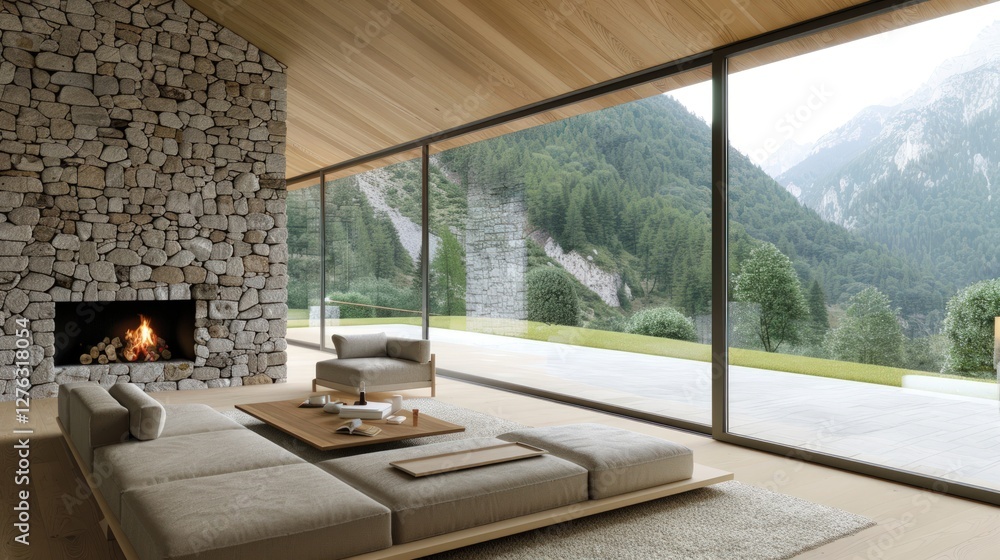 Fototapeta premium Mountain View Living Room: Modern Design Meets Alpine Scenery