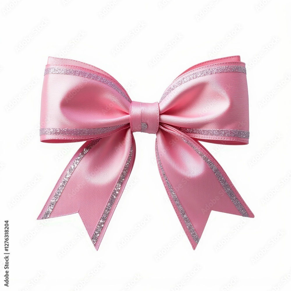 Pink Satin Ribbon Festive Bow with Glittering Silver Edges for Gift Wrapping and Decoration Design