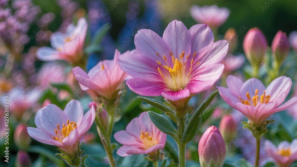 Close-up of pink flowers with yellow center in a garden setting during daylight, showcasing vibrant petals and lush green foliage. Close-up of pink flowers with yellow center in a garden setting during daylight, showcasing vibrant petals and lush green foliage.