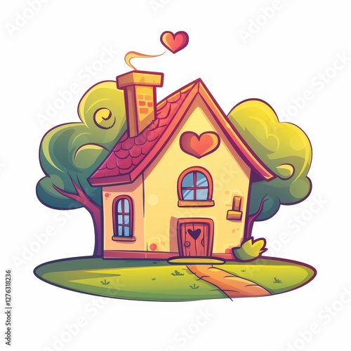A cartoon house with a red roof and a heart on it