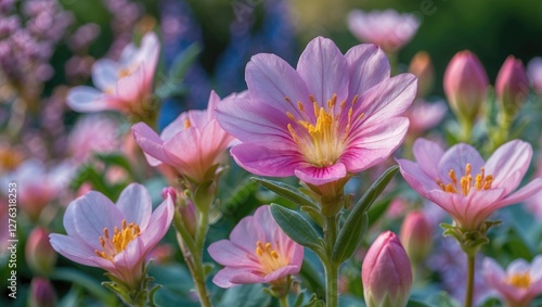 Close-up of pink flowers with yellow center in a garden setting during daylight, showcasing vibrant petals and lush green foliage.