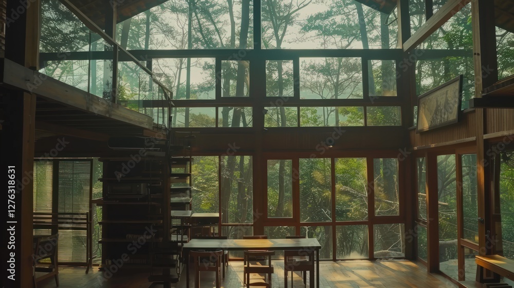 Obraz premium Serene Forest House: A Sanctuary of Wood and Glass