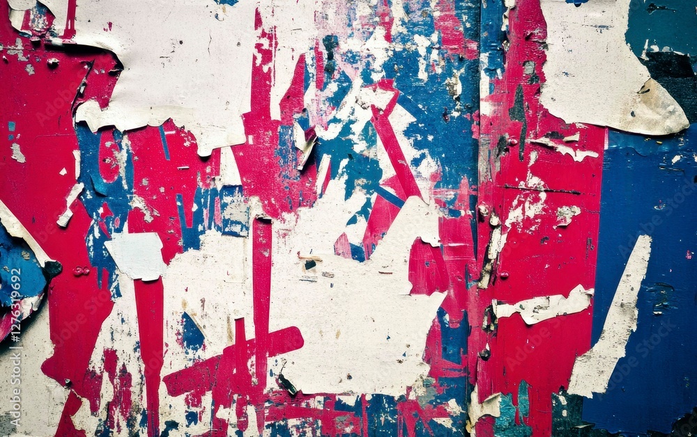 Naklejka premium Urban Decay Wall with Faded Red Blue and White Paint and Ripped Posters Street Art Texture Abstract