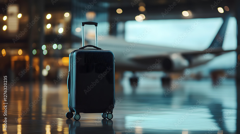 A black carryon suitcase sits in an airport terminal with a blurry airplane in the background A black carryon suitcase sits in an airport terminal with a blurry airplane in the background