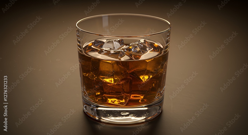 Whiskey Glass with Ice Cubes on Dark Table for Drinking Whiskey Glass with Ice Cubes on Dark Table for Drinking