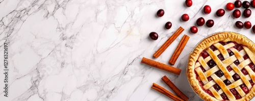 Delicious Cranberry Pie on Marble Tabletop with Cinnamon Sticks and Fresh Cranberries Decor photo