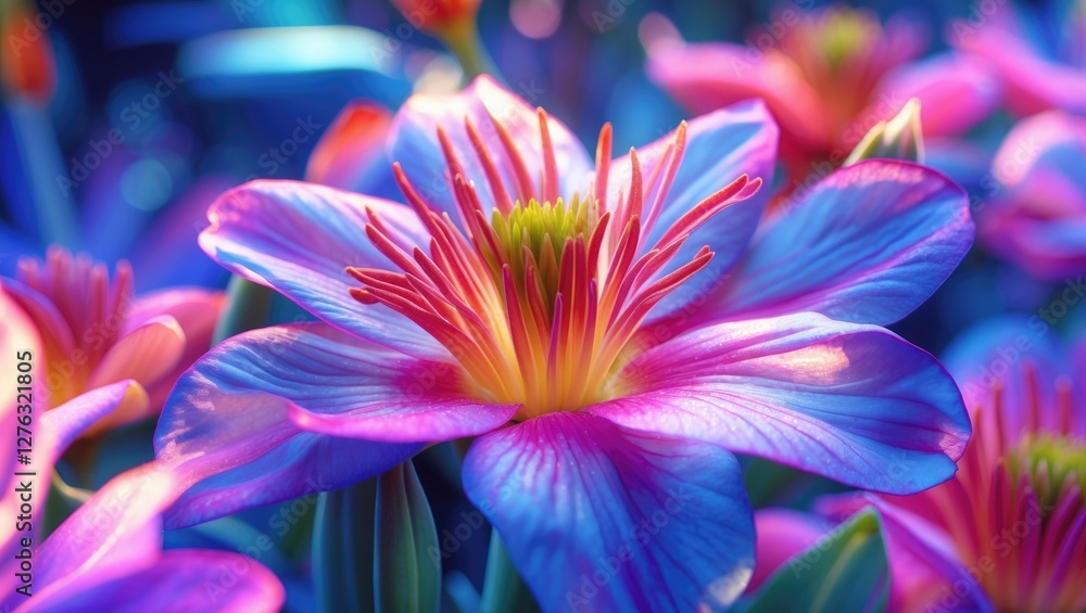 Vibrant close-up of a colorful water lily flower with striking petals in purple, pink, and yellow hues against a blurred floral background. Vibrant close-up of a colorful water lily flower with striking petals in purple, pink, and yellow hues against a blurred floral background.