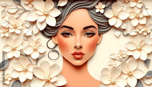 International Women's Day, An elegant illustration showcasing a woman's face surrounded by delicately layered flowers in a paper-cut style