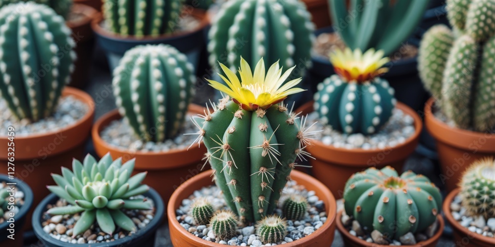 Fototapeta premium Potted cacti and succulents in a garden with yellow flower bloom on a cactus showcasing diverse plant species in natural light