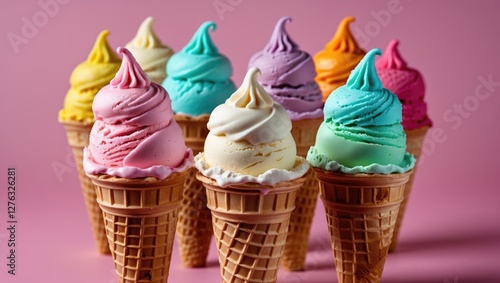 Colorful assortment of ice cream cones with various flavors arranged in a circle on a pink background