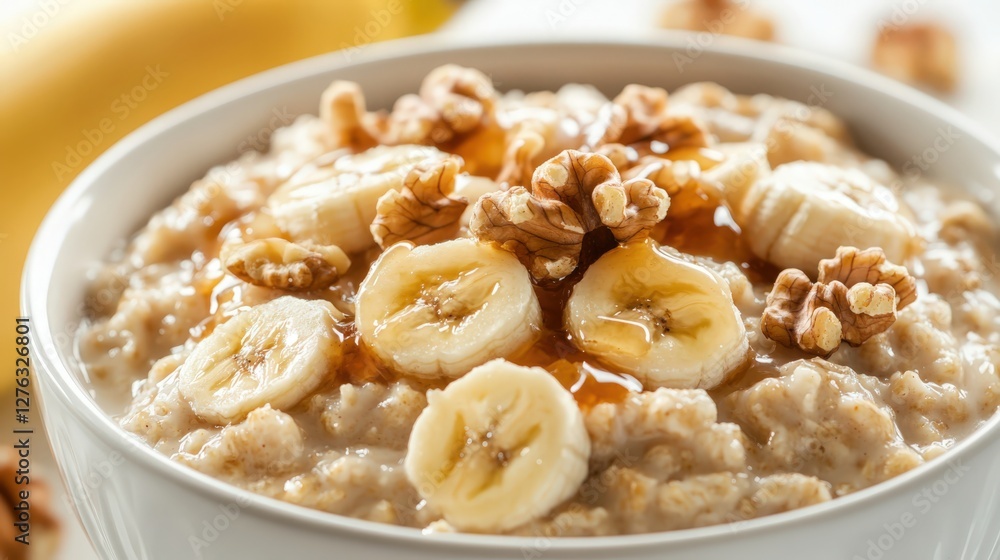 A close-up of a bowl of overnight oats topped with caramelized bananas and walnuts, creating a delicious and healthy breakfast. Perfect for food blogs, nutrition content, healthy eating, and meal A close-up of a bowl of overnight oats topped with caramelized bananas and walnuts, creating a delicious and healthy breakfast. Perfect for food blogs, nutrition content, healthy eating, and meal