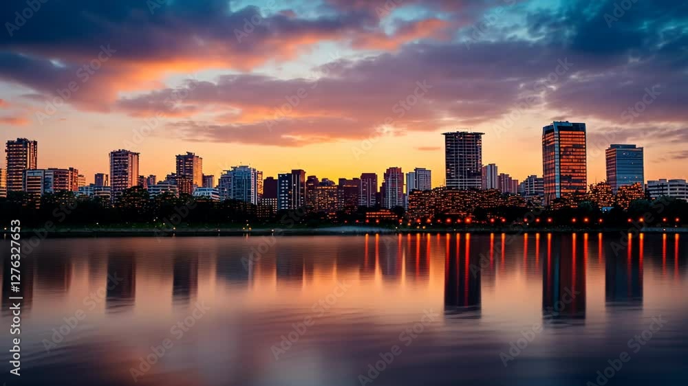 Sunset over a city skyline reflected in a tranquil lake with clouds Sunset over a city skyline reflected in a tranquil lake with clouds