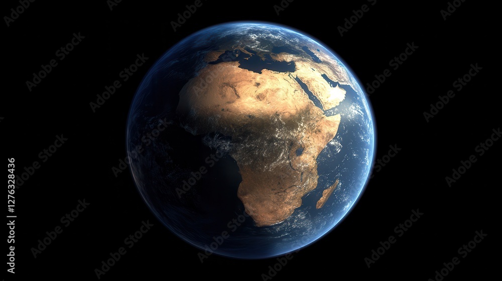 Fototapeta premium Realistic view of earth from space highlighting african continent with blue oceans and dark background