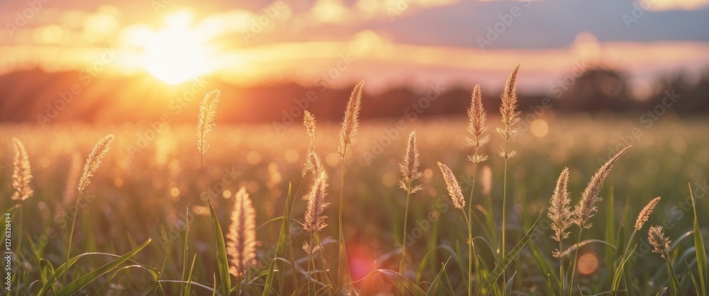 Sunset over grassy field with tall ornamental grass illuminated by soft golden light and dramatic cloud formations in background Sunset over grassy field with tall ornamental grass illuminated by soft golden light and dramatic cloud formations in background