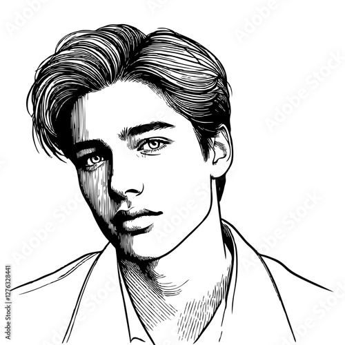Portrait of handsome young man hand drawn ink pen on white background, vector sketch illustration cartoon guy for design beauty salon, fashion journal, barber shop, line art avatar