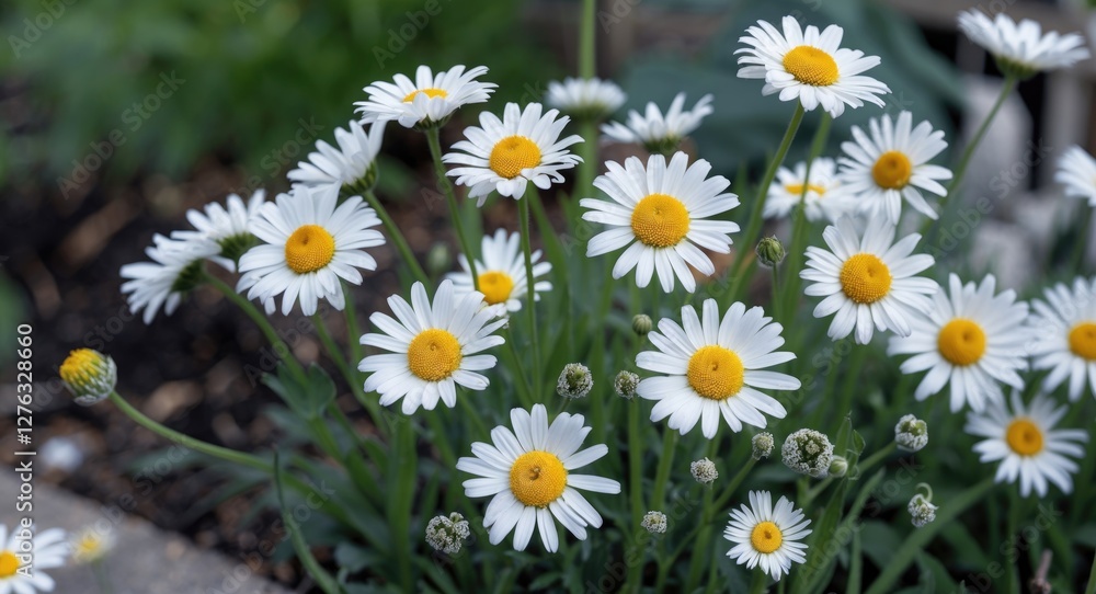 field of white daisies with yellow centers blooming in a garden setting during spring or summer with green foliage in background field of white daisies with yellow centers blooming in a garden setting during spring or summer with green foliage in background