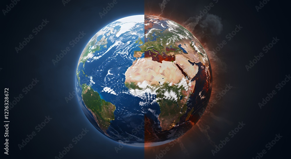 Naklejka premium Earth Divided Climate Change Concept Showing Healthy Planet and Damaged Globe