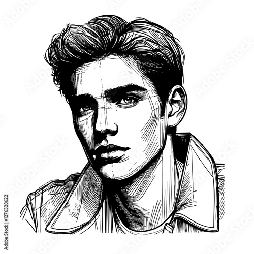 Portrait of handsome young man hand drawn ink pen on white background, vector sketch illustration cartoon guy for design beauty salon, fashion journal, barber shop, line art avatar